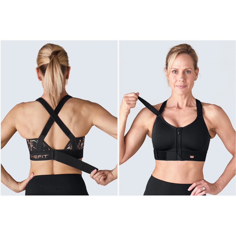SHEFIT Flex Medium Impact Sports Bra Sz Luxe (38-40) Black Rose Gold Seamless